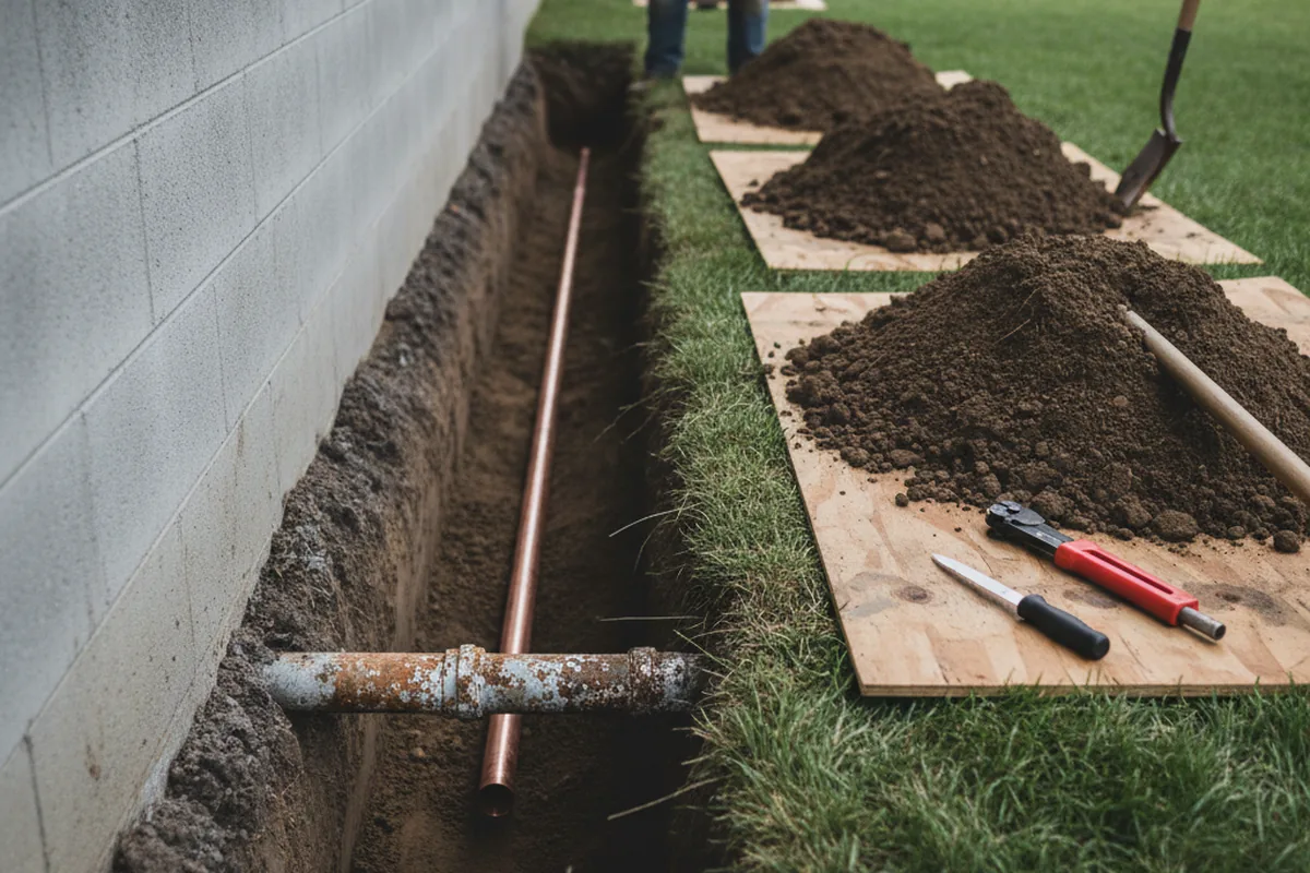 Excavated water line trench during Water Softener Installation in Hurst